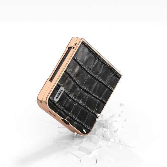 For Motorola Razr 50 ABEEL Electroplating Frame Crocodile Texture Genuine Leather Phone Case(Black)