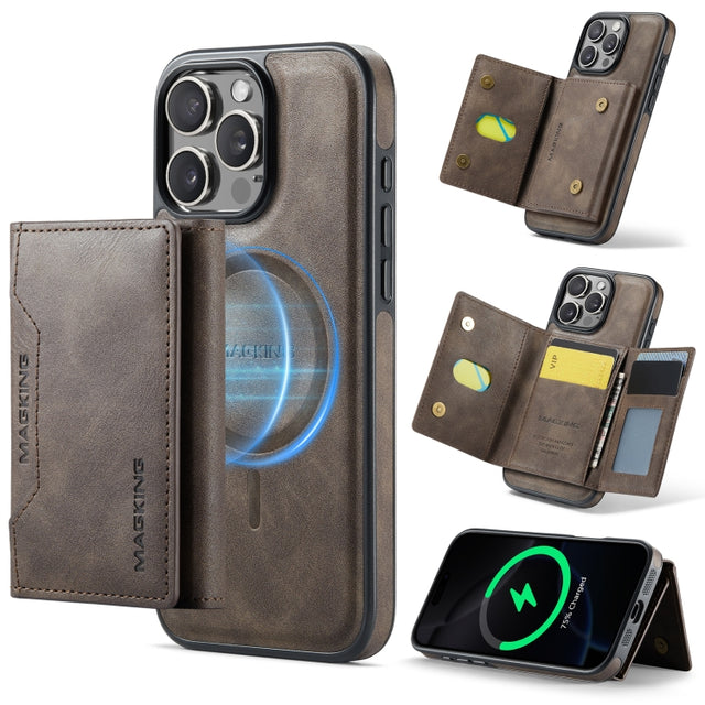 For iPhone 16 Pro DG.MING MAGKING-K2 Series MagSafe RFID Card Bag Detachable Phone Case(Coffee)