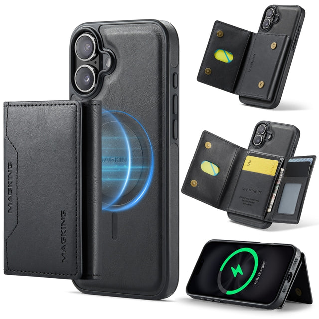For iPhone 16 Plus DG.MING MAGKING-K2 Series MagSafe RFID Card Bag Detachable Phone Case(Black)