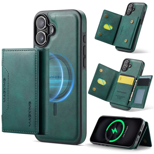 For iPhone 16 Plus DG.MING MAGKING-K2 Series MagSafe RFID Card Bag Detachable Phone Case(Green)