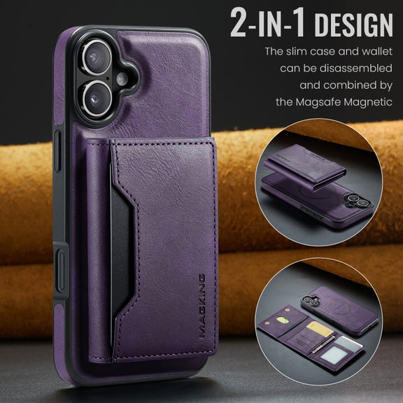 For iPhone 16 Plus MAGKING K2 Series MagSafe RFID Card Bag Detachable Phone Case(Purple)