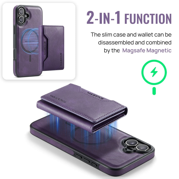 For iPhone 16 Plus MAGKING K2 Series MagSafe RFID Card Bag Detachable Phone Case(Purple)