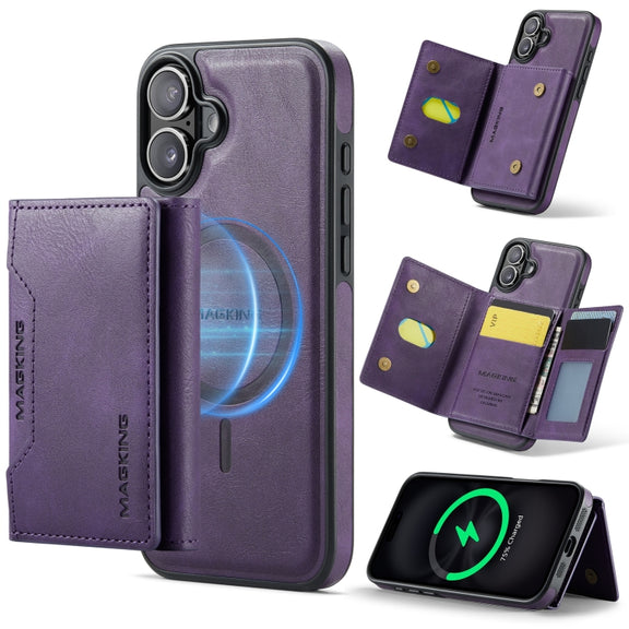 For iPhone 16 Plus MAGKING K2 Series MagSafe RFID Card Bag Detachable Phone Case(Purple)