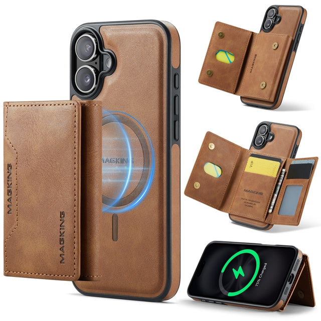 For iPhone 16 DG.MING MAGKING-K2 Series MagSafe RFID Card Bag Detachable Phone Case(Brown)
