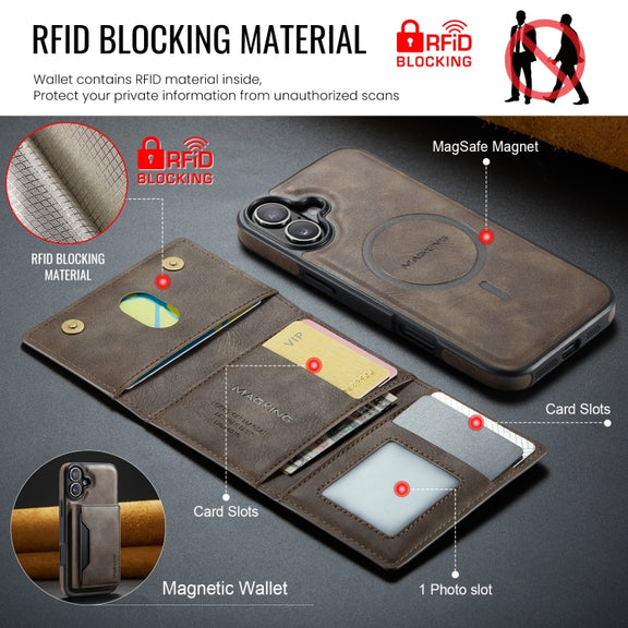 For iPhone 16 DG.MING MAGKING-K2 Series MagSafe RFID Card Bag Detachable Phone Case(Coffee)
