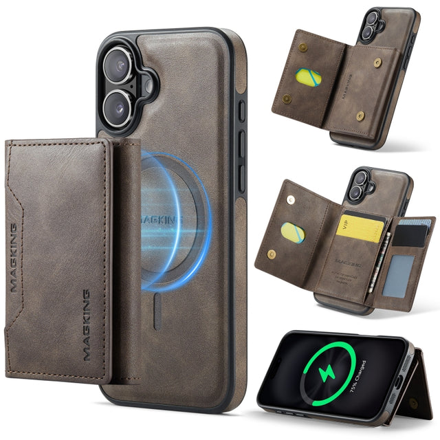 For iPhone 16 DG.MING MAGKING-K2 Series MagSafe RFID Card Bag Detachable Phone Case(Coffee)