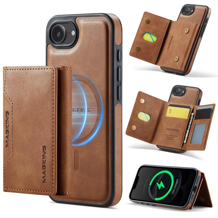 For iPhone 16e DG.MING MAGKING-K2 Series MagSafe RFID Card Bag Detachable Phone Case(Brown)