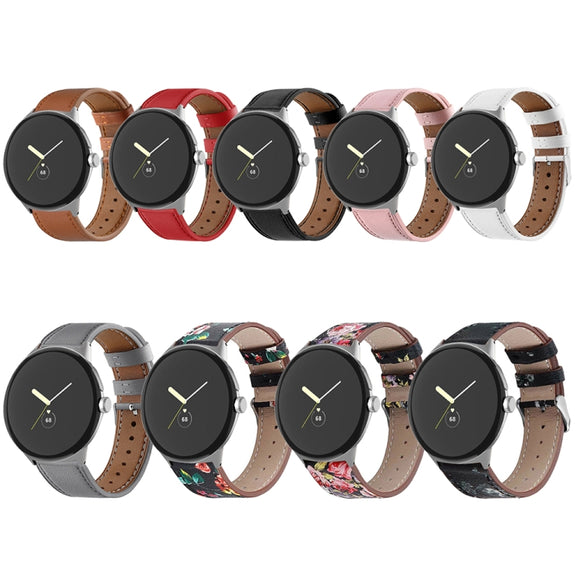 For Google Pixel Watch 3 45mm Round Tail Genuine Leather Watch Band(Black White Flower)