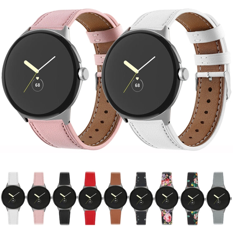For Google Pixel Watch 3 45mm Round Tail Genuine Leather Watch Band(Black White Flower)