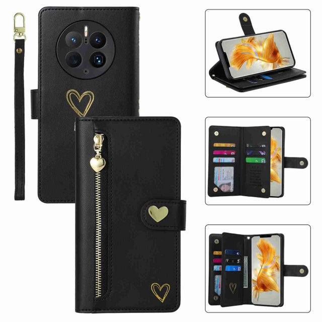 For Huawei Mate 50 Pro POLA Love Multi-Card Slots Zipper Wallet Leather Phone Case(Black)