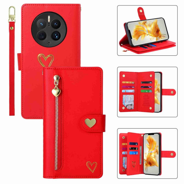For Huawei Mate 50 Pro POLA Love Multi-Card Slots Zipper Wallet Leather Phone Case(Red)