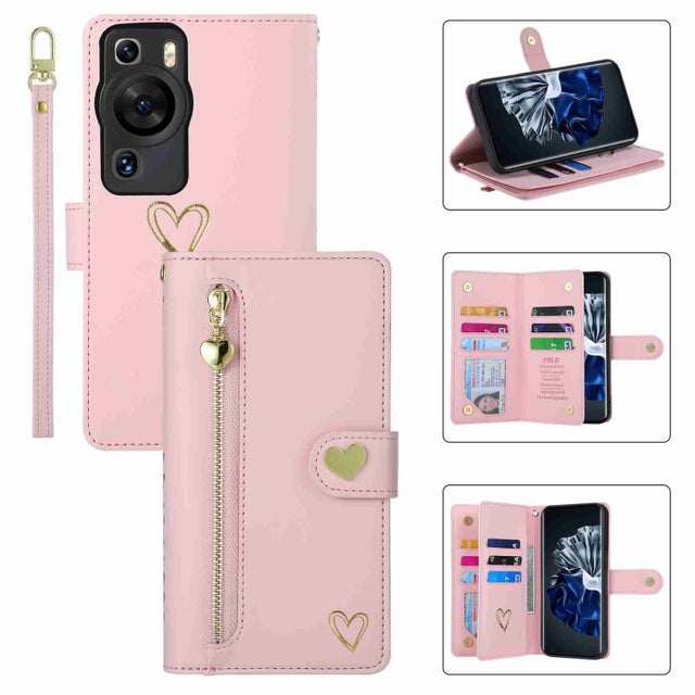 For Huawei P60 Pro POLA Love Multi-Card Slots Zipper Wallet Leather Phone Case(Pink)