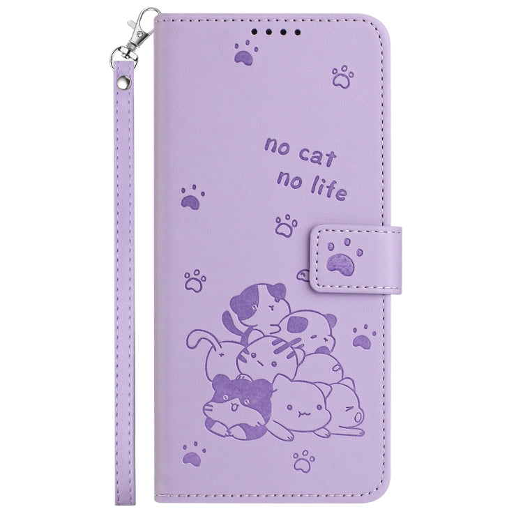 For iPhone 16e Embossed Kitten Phone Leather Case with Lanyard(Purple)