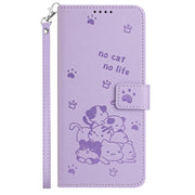 For iPhone 16e Embossed Kitten Phone Leather Case with Lanyard(Purple)
