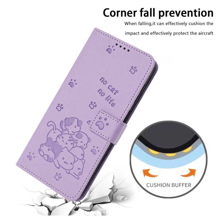 For iPhone 16e Embossed Kitten Phone Leather Case with Lanyard(Purple)