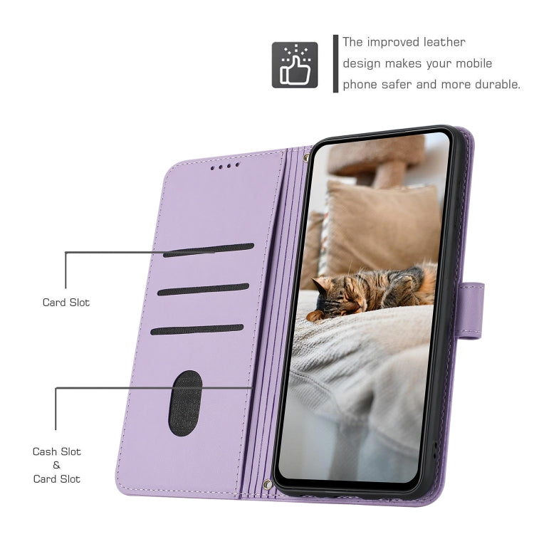 For iPhone 16e Embossed Kitten Phone Leather Case with Lanyard(Purple)