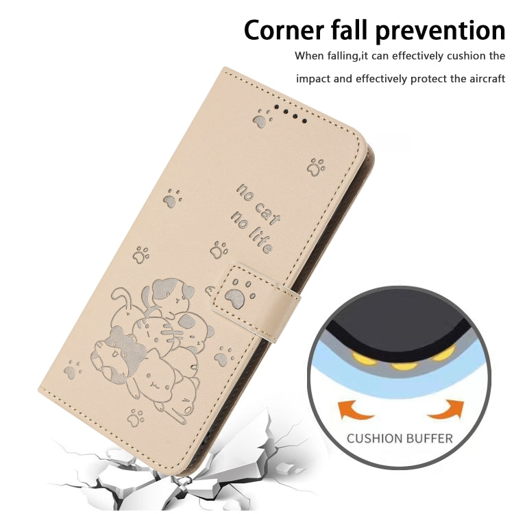 For iPhone 16e Embossed Kitten Phone Leather Case with Lanyard(Beige)