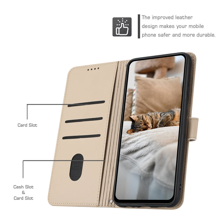 For iPhone 16e Embossed Kitten Phone Leather Case with Lanyard(Beige)
