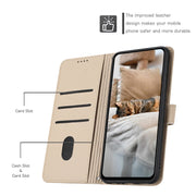 For iPhone 16e Embossed Kitten Phone Leather Case with Lanyard(Beige)