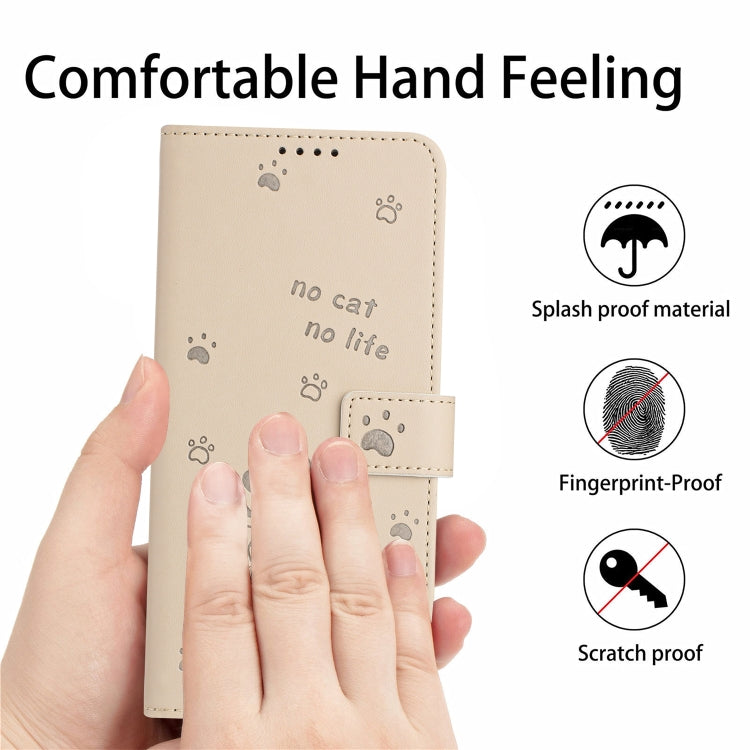 For iPhone 16e Embossed Kitten Phone Leather Case with Lanyard(Beige)