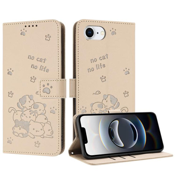 For iPhone 16e Embossed Kitten Phone Leather Case with Lanyard(Beige)