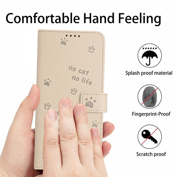 For iPhone 16e Embossed Kitten Phone Leather Case with Lanyard(Beige)