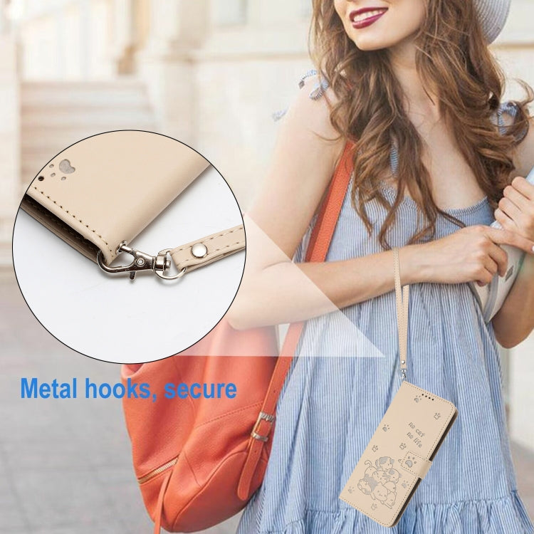 For iPhone 16e Embossed Kitten Phone Leather Case with Lanyard(Beige)