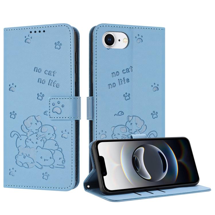 For iPhone 16e Embossed Kitten Phone Leather Case with Lanyard(Blue)