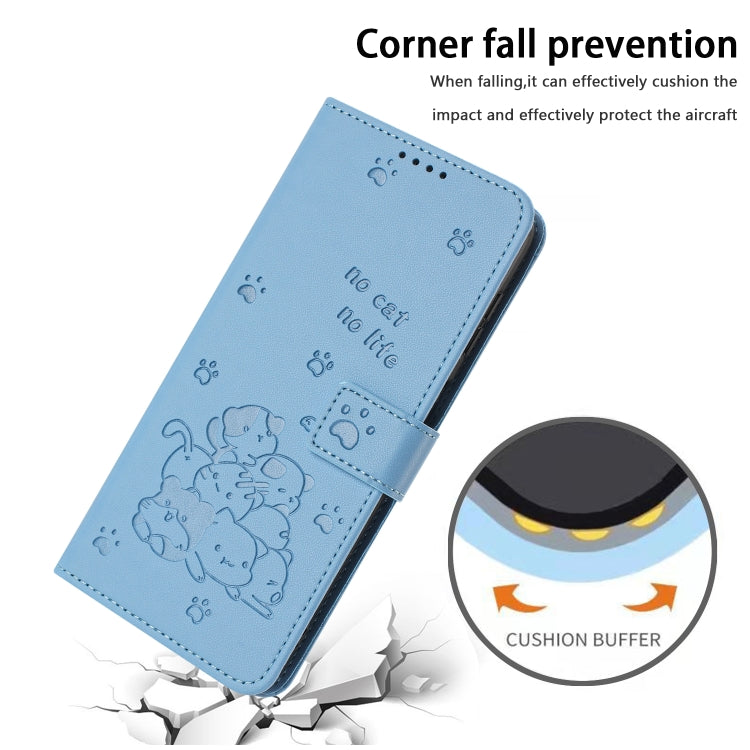 For iPhone 16e Embossed Kitten Phone Leather Case with Lanyard(Blue)