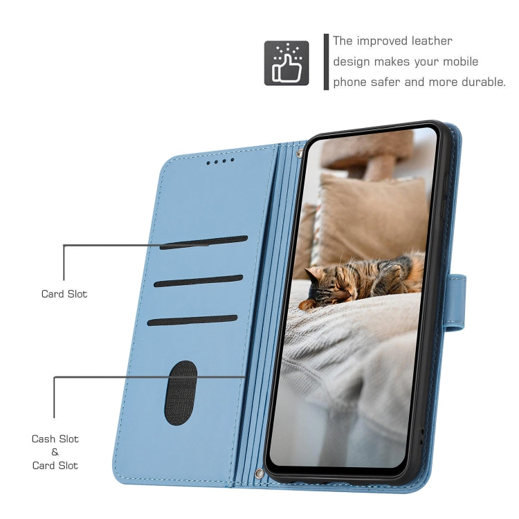 For iPhone 16e Embossed Kitten Phone Leather Case with Lanyard(Blue)