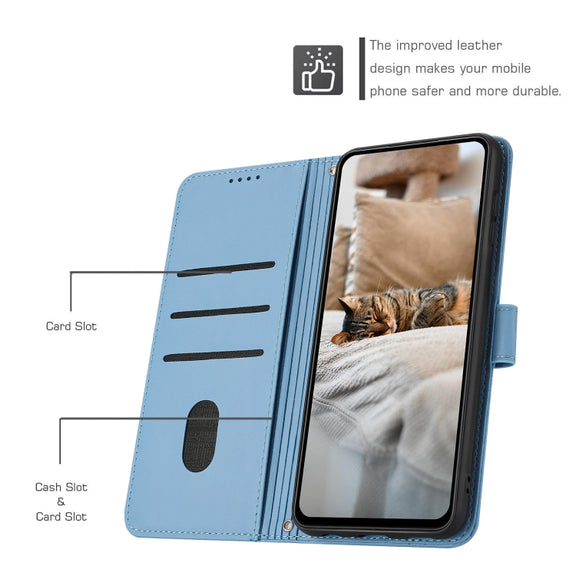 For iPhone 16e Embossed Kitten Phone Leather Case with Lanyard(Blue)