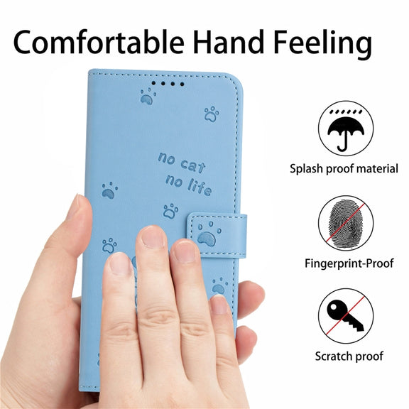 For iPhone 16e Embossed Kitten Phone Leather Case with Lanyard(Blue)