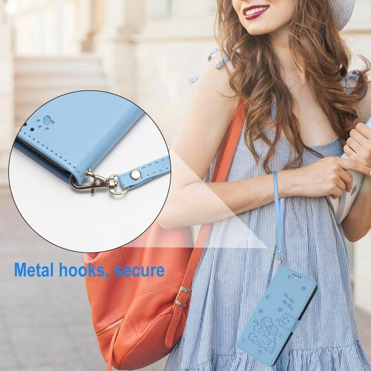 For iPhone 16e Embossed Kitten Phone Leather Case with Lanyard(Blue)