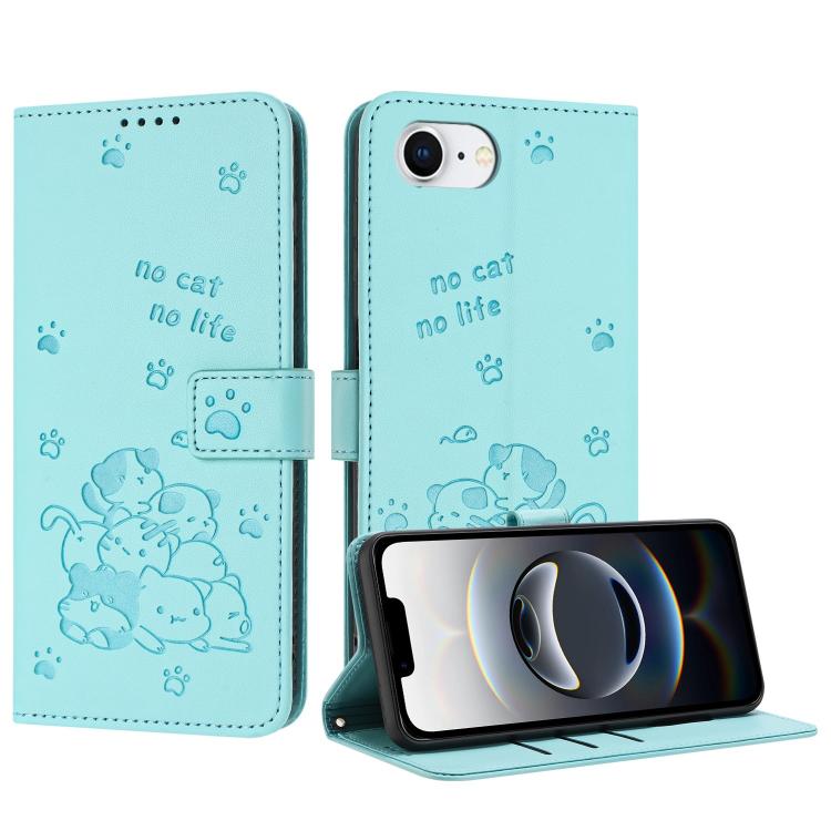 For iPhone 16e Embossed Kitten Phone Leather Case with Lanyard(Mint Green)