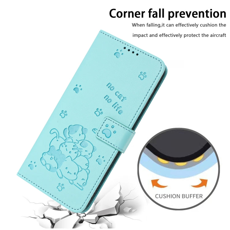 For iPhone 16e Embossed Kitten Phone Leather Case with Lanyard(Mint Green)
