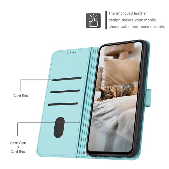 For iPhone 16e Embossed Kitten Phone Leather Case with Lanyard(Mint Green)