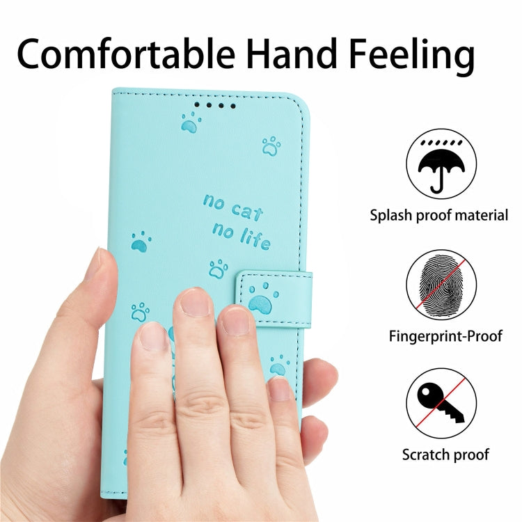 For iPhone 16e Embossed Kitten Phone Leather Case with Lanyard(Mint Green)
