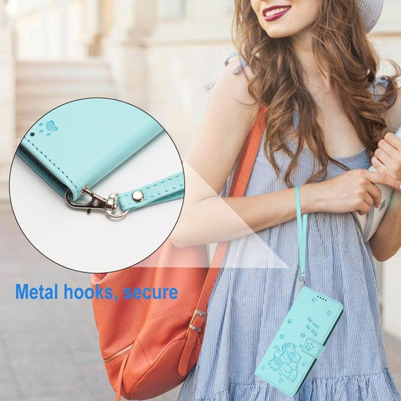 For iPhone 16e Embossed Kitten Phone Leather Case with Lanyard(Mint Green)