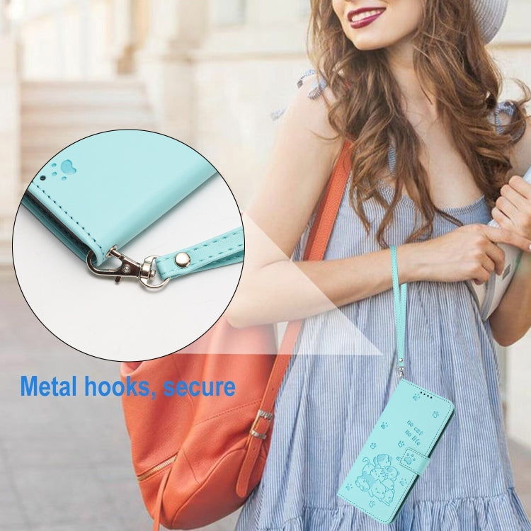 For iPhone 16e Embossed Kitten Phone Leather Case with Lanyard(Mint Green)