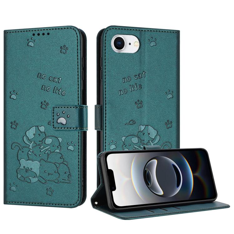 For iPhone 16e Embossed Kitten Phone Leather Case with Lanyard(Dark Green)