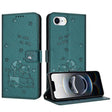 For iPhone 16e Embossed Kitten Phone Leather Case with Lanyard(Dark Green) - iPhone 16e Cases by PMC TechLife | Online Shopping South Africa | PMC TechLife | Buy Now Pay Later Mobicred