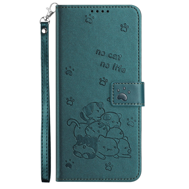 For iPhone 16e Embossed Kitten Phone Leather Case with Lanyard(Dark Green)