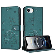 For iPhone 16e Embossed Kitten Phone Leather Case with Lanyard(Dark Green)