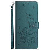 For iPhone 16e Embossed Kitten Phone Leather Case with Lanyard(Dark Green)