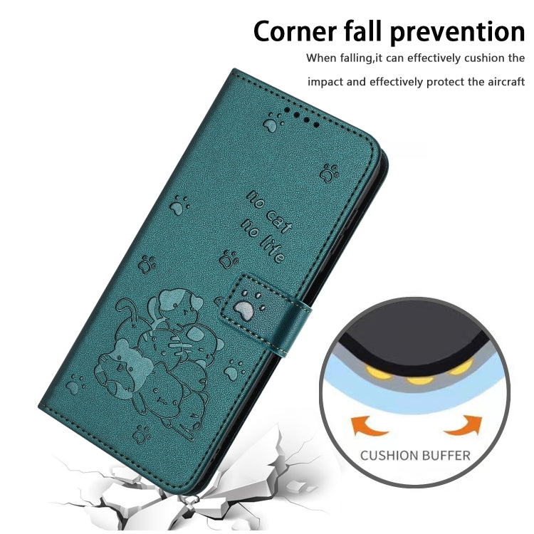 For iPhone 16e Embossed Kitten Phone Leather Case with Lanyard(Dark Green)