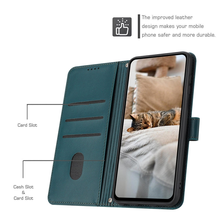 For iPhone 16e Embossed Kitten Phone Leather Case with Lanyard(Dark Green)