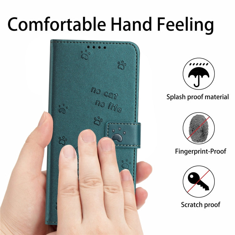 For iPhone 16e Embossed Kitten Phone Leather Case with Lanyard(Dark Green)