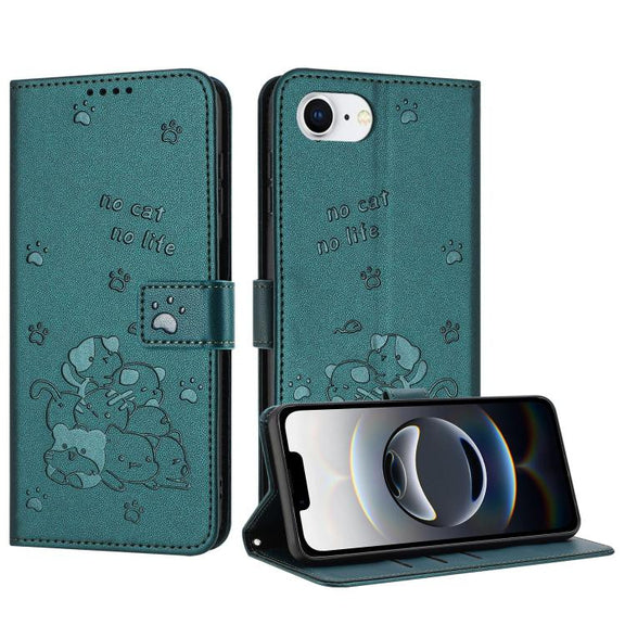 For iPhone 16e Embossed Kitten Phone Leather Case with Lanyard(Dark Green)