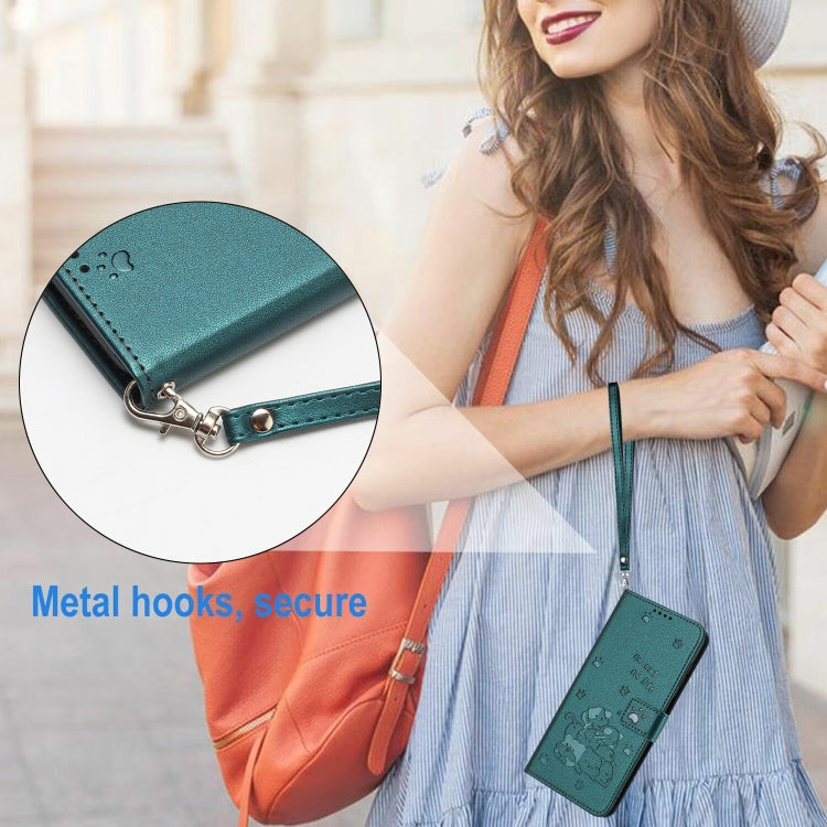 For iPhone 16e Embossed Kitten Phone Leather Case with Lanyard(Dark Green)