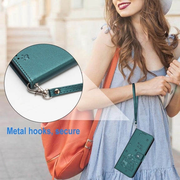 For iPhone 16e Embossed Kitten Phone Leather Case with Lanyard(Dark Green)